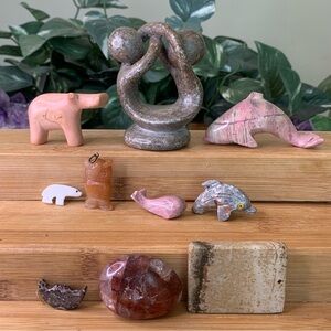 Crystal Animal Carvings Lot Rhodonite Quartz Dolphin Bear Whale Hippo Imperfects